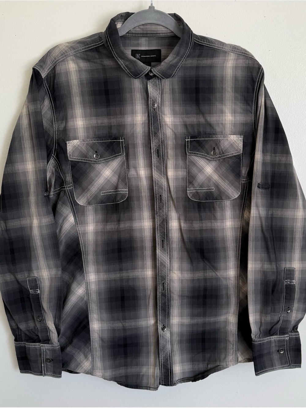 INC International Concepts Men's Black & Gray Plaid Button-Down Shirt